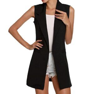 Black Lapel Sleeveless Long Vest Blazer Jacket in Size S/M